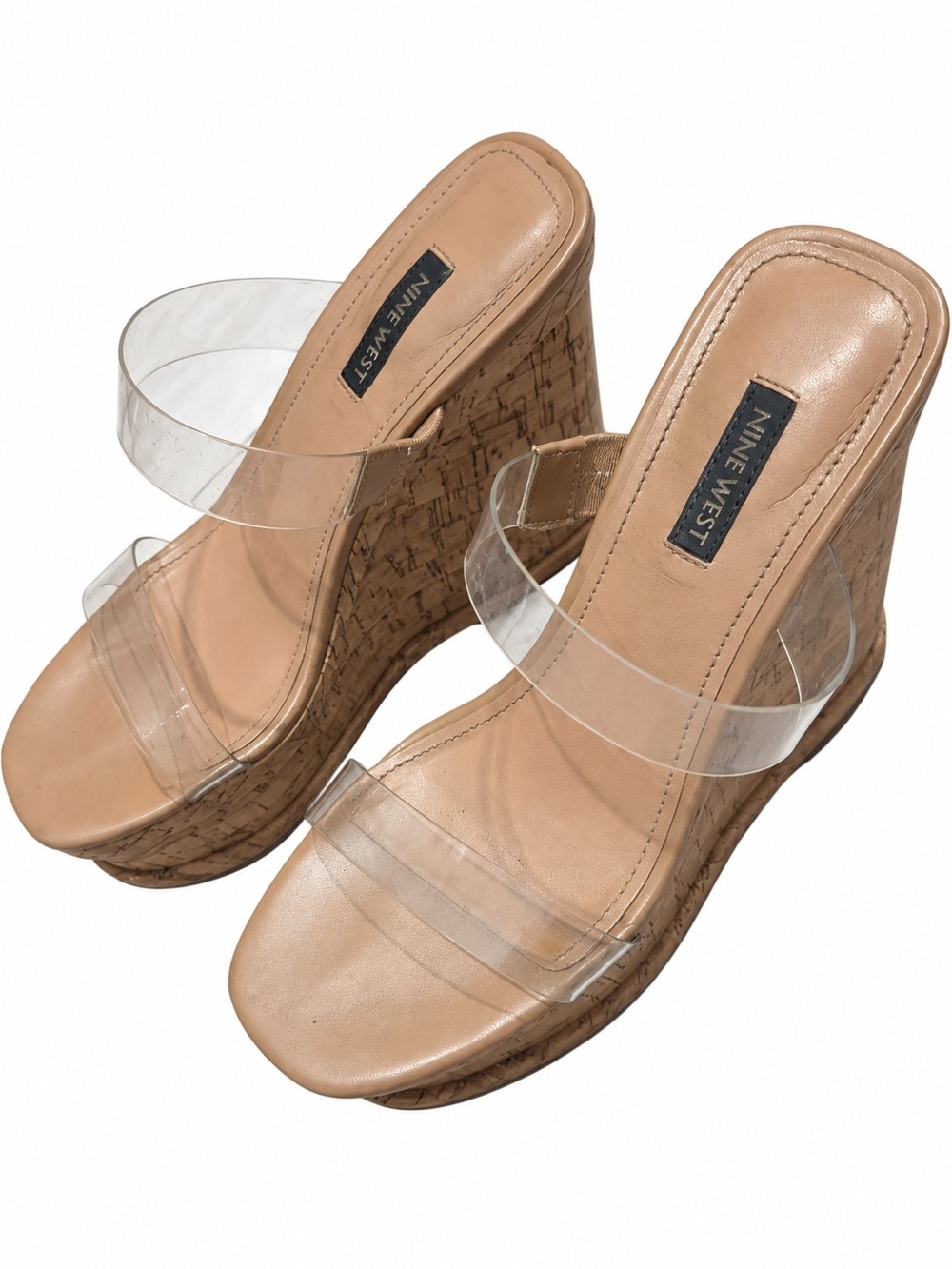 Nine West Tan Cork Wedge Sandals with Clear Straps